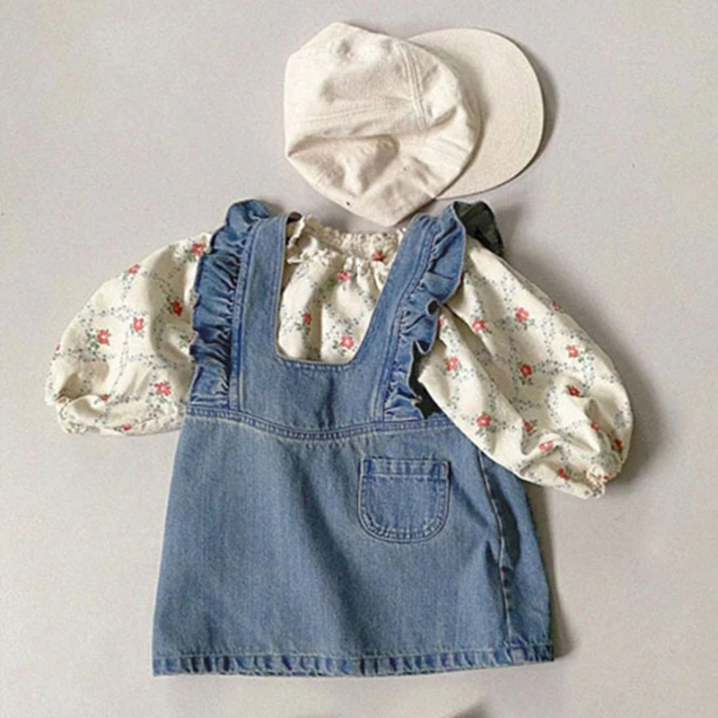 2023 Summer Baby Girl Sleeveless Denim Vest Dress Solid Girls Casual Striped Dress Ruffle Adjustable Children Corduroy Dress