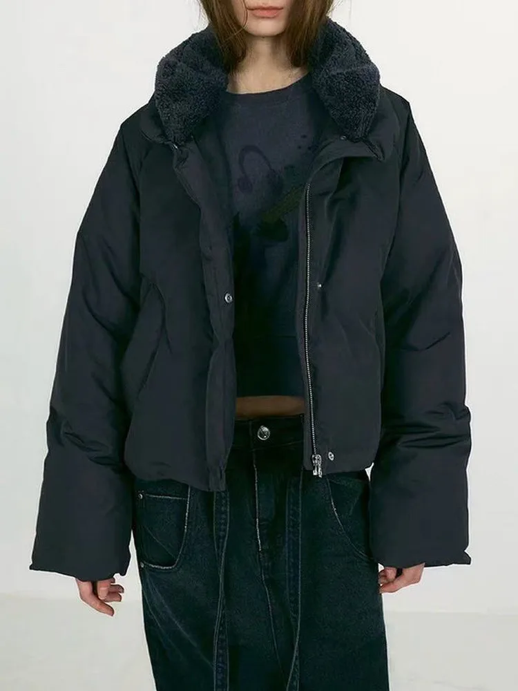 جاكيت قصير منفوخ للنساء بتصميم عصري فضفاض مع ياقة فرو قابلة للفصل، معطف على شكل رغيف الخبز، توصيل سريع، ملابس خارجية نسائية