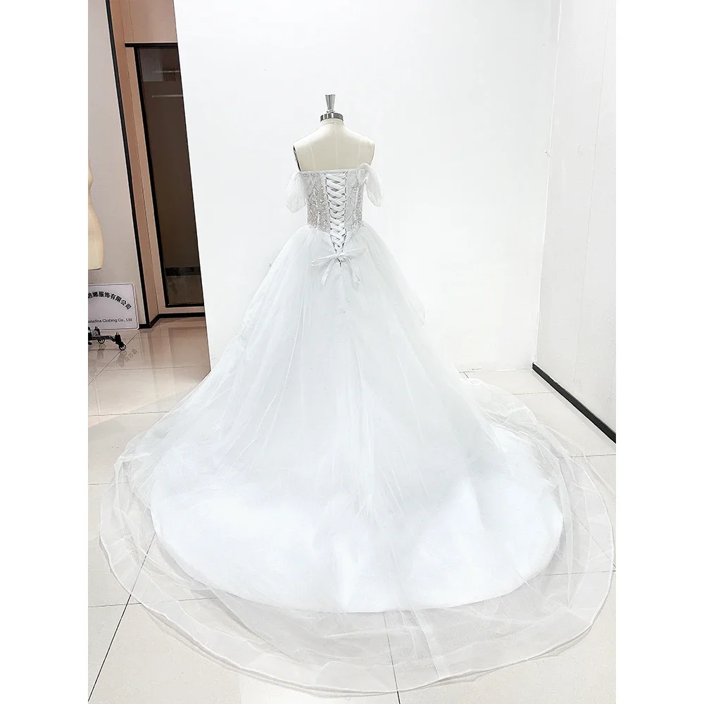 Exquisitos vestidos de novia de princesa con apliques y hombros descubiertos, vestido de baile de Tarin con capilla drapeada, vestido de novia elegante para ocasiones formales