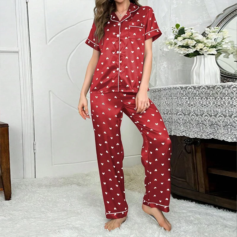 

Women's sleepwear two piece set summer satin printed heart shaped short sleeved top long pants casual twopiece home suit set