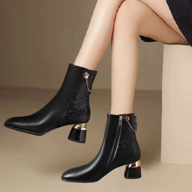 2024Ankle Boots Women High Heels Dress Shoes Back Chain Booties New Embossing Designer Shoes Gold Heels Winter Botas Mujer