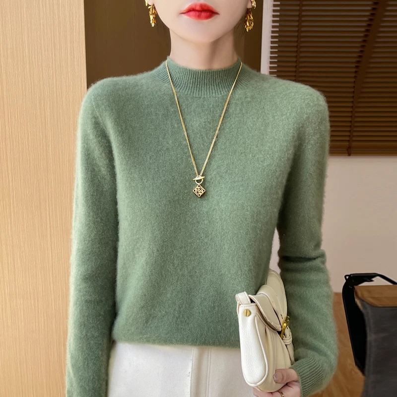 Women\'s Cashmere Knitted Sweater 100% Merino Wool Half High Collar Long Sleeve Pullover Elegant Warm and Unique Top High Quality