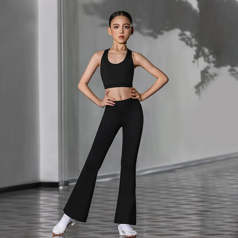 

Latin Dance Practice Costumes Girls Black Split Vest Bell-bottoms Pants Suit Chacha Rumba Tango Latin Dance Dress Wear DN21207