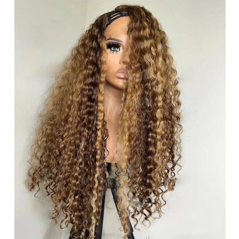 30 Zoll Highlights Honigblond Lose Locken 1X4 V-Teil-Perücken Indisches Echthaar 100% Echthaar-Perücken für Frauen Wasserwellen U-Teil-Perücken – Detail 3