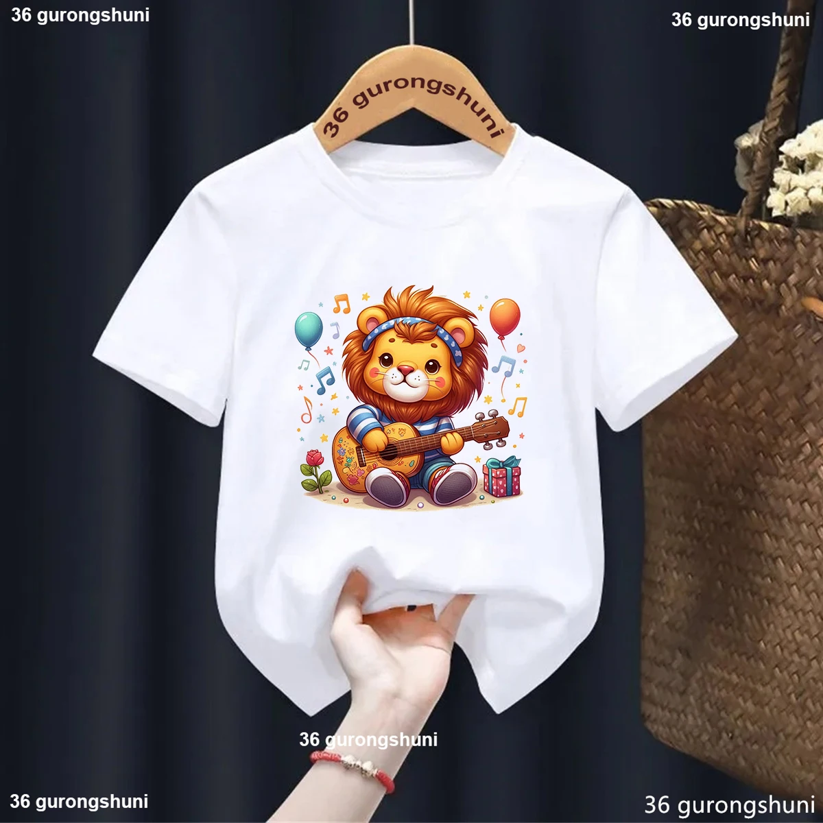 

Funny Tigers,Lions Music Playing Guitar Zoo Cartoon Prints Tshirt Boys Fashion Kawaii Kids Clothes Harajuku Shirt White Blue Top