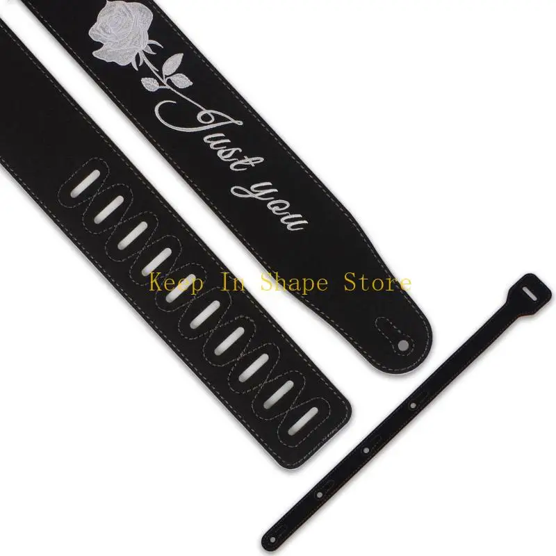 U1JC Suede Guitar Strap Acoustic Strap with Belt Lock Embroidery Sewing Words for Bass Electric Guitar Adjust Belt Supplies