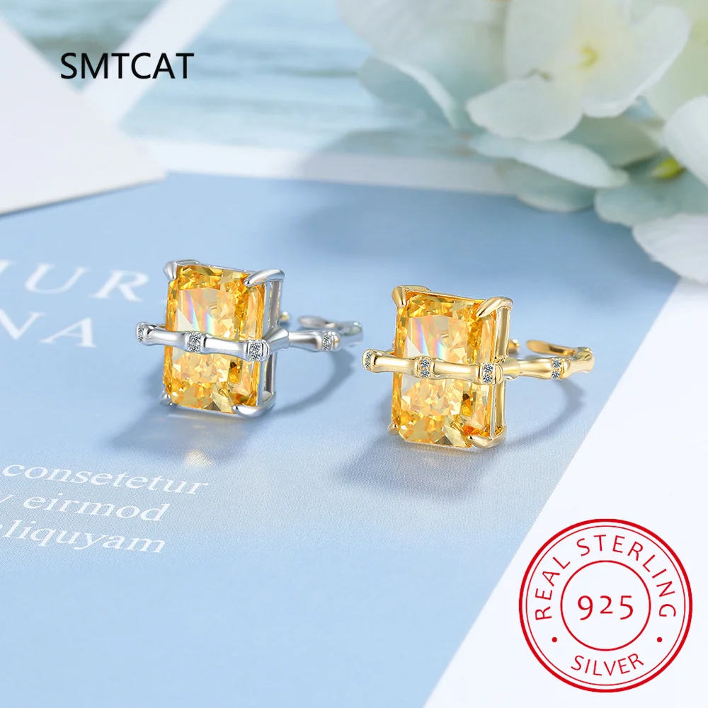 Emerald Cut Natural Yellow Citrine 925 Sterling Silver Bamboo Joint Ring for Women Rectangle Gemstone Jewelry Wedding Gift