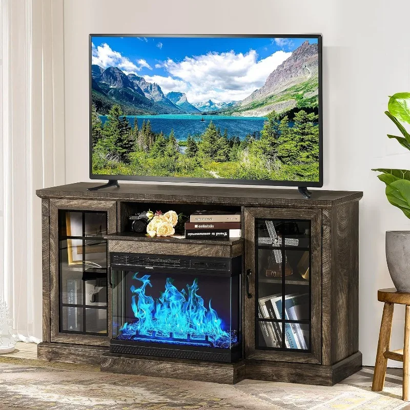 

Fireplace TV Stand with 3-Sided Glass Electric Fireplace,59'' Media Entertainment Center with Farmhouse Glass Door Storage