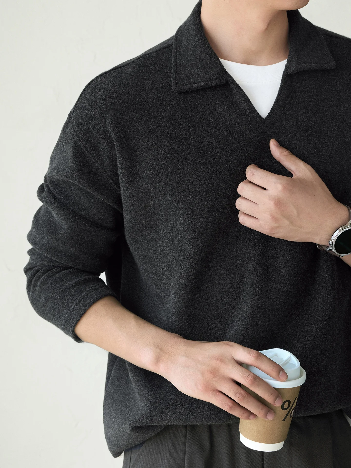 Premium American Style Wool Blend Sweatshirt Men's Long Sleeve Zipper Design Stand Collar Insert Shoulder Standard Fit Busine...