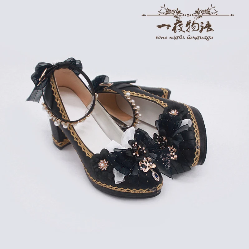 Original One Night Story Lolita High Heels Lolita Shoes, Versatile Thick Heels Handmade Shoes Lo Shoes Flower Wedding Shoes