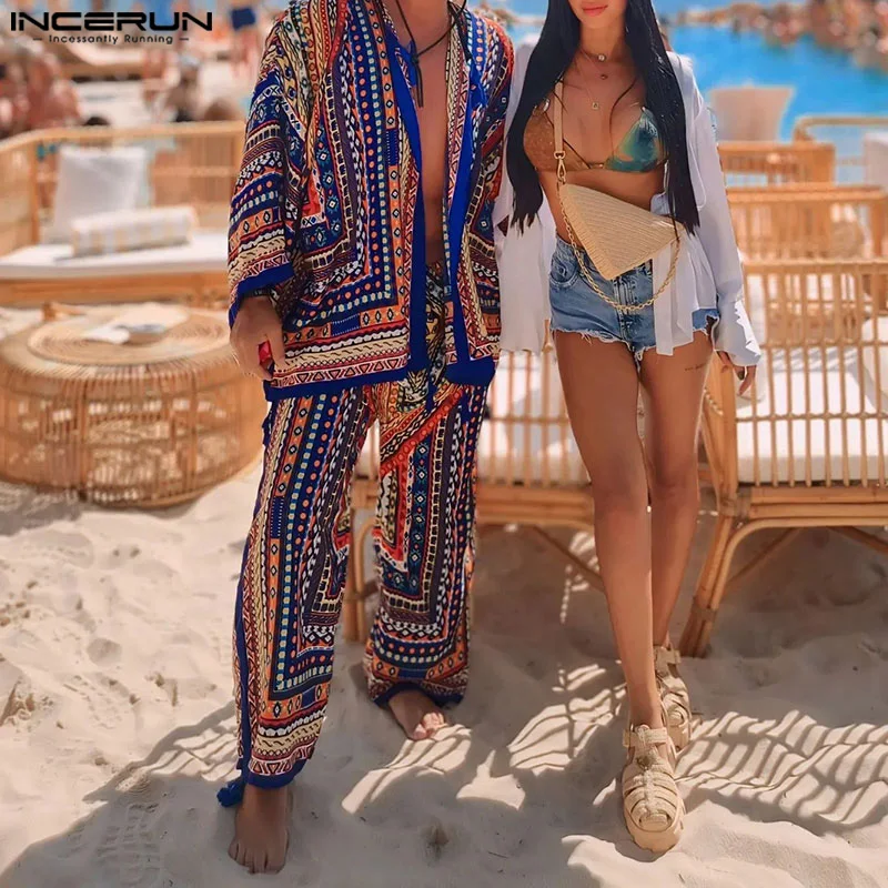 Fashion Casual Style Sets INCERUN 2024 Men\'s Three-quarter Sleeve Cardigan Pants Sexy Male Ethnic Printed Two-piece Sets S-5XL