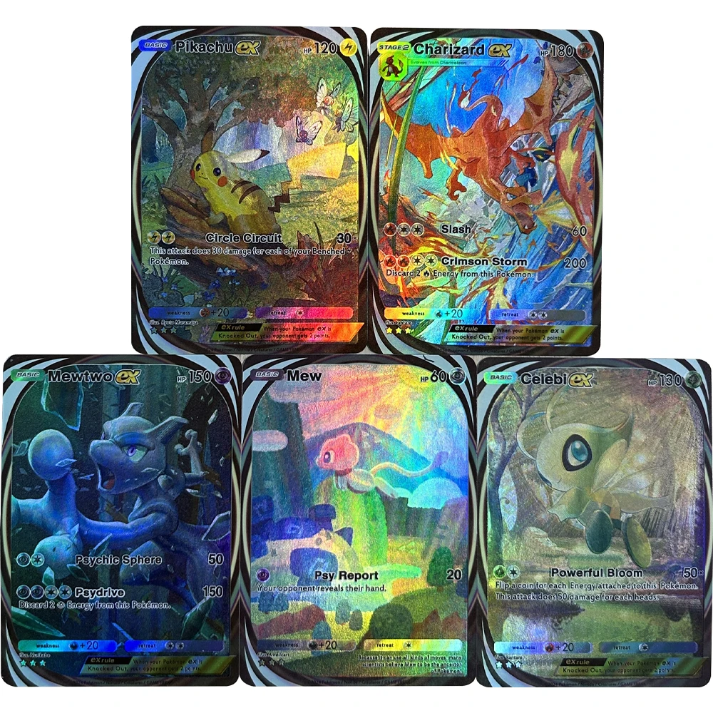 5 Pz/set Anime PTCG Tasca Collezione di Carta Charizard Mewtwo Mew Celebi Rilievo Texture Rifrazione Colore Flash Card Regali Per Bambini