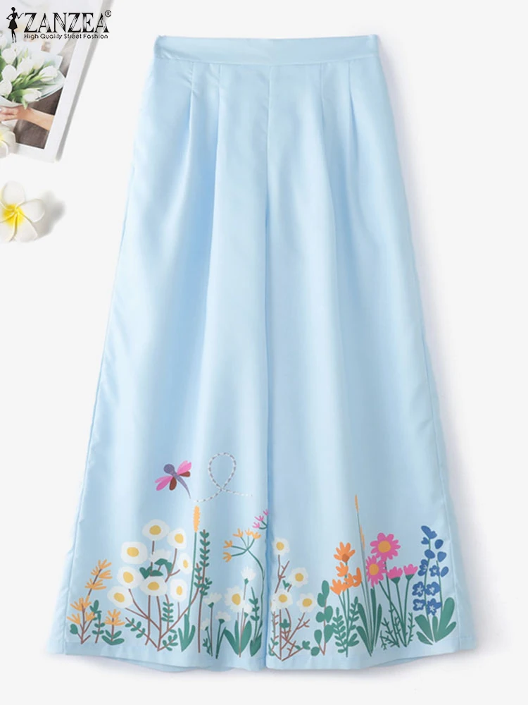 ZANZEA Retro elastische taille pantalons dames zomer wijde pijpen broek 2025, mode casual bedrukte lange broek zakken elegante broek