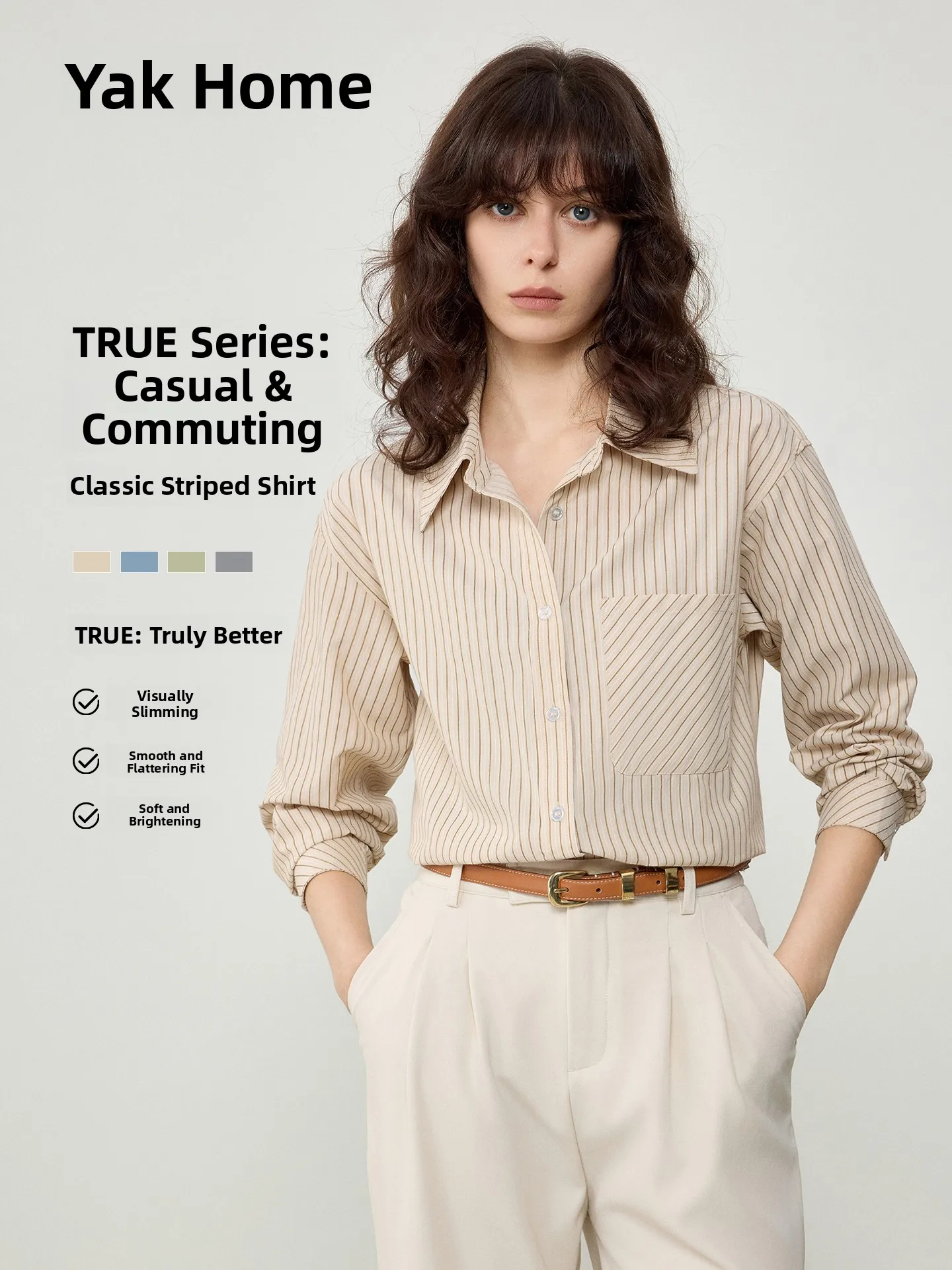Yakejia Khaki Striped Shirt Women's Spring Autumn Casual Commute Layering Long Sleeve Shirt V-neck Breathable Polyester Cotto...