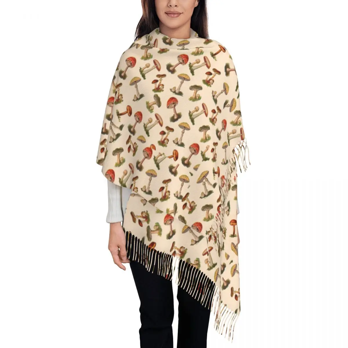 Mushrooms Scarf Wrap Women Long Winter Fall Warm Tassel Shawl Unisex Scarves