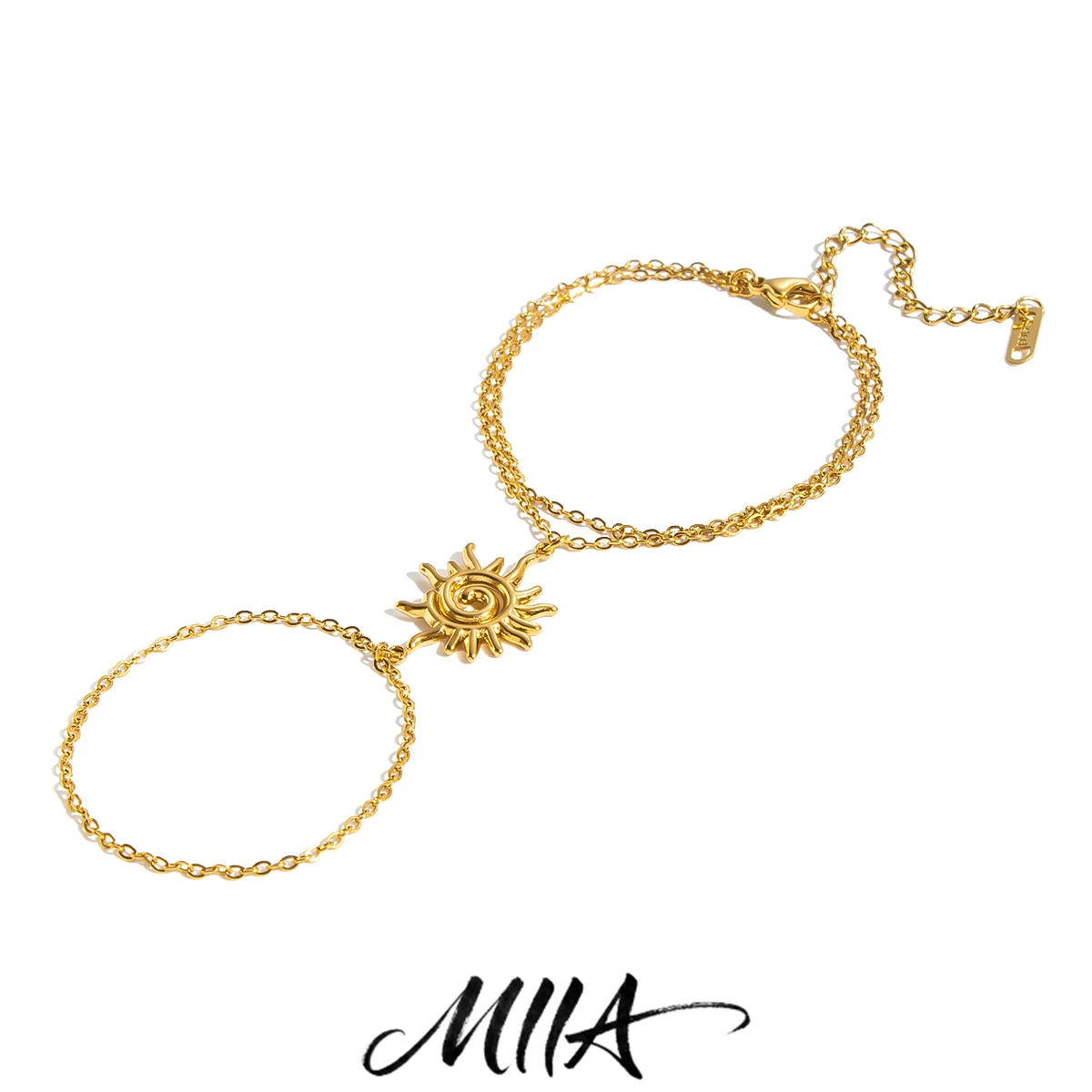 Miia Jewelry 18K PVD Gold Stainless Steel Sun Finger Ring Hand Chain Double Layer Adjustable Statement Bracelet Gift