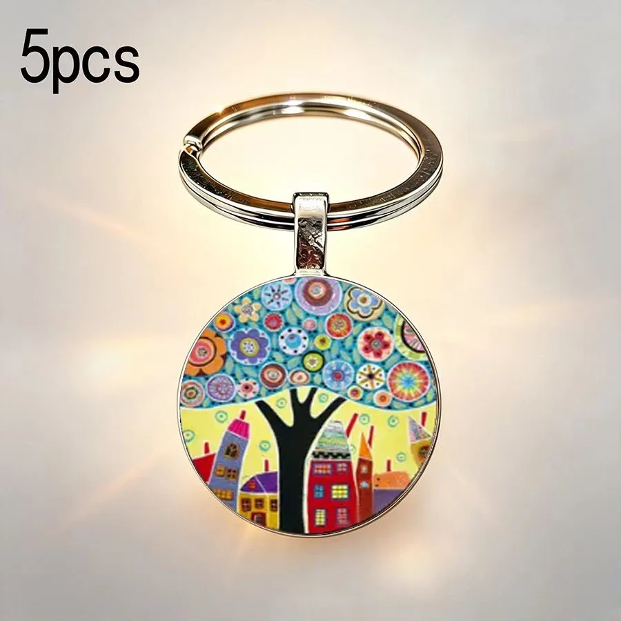 5PCS Childhood style pattern, world town, countryside, dense houses, outline, keychain, circular printing design