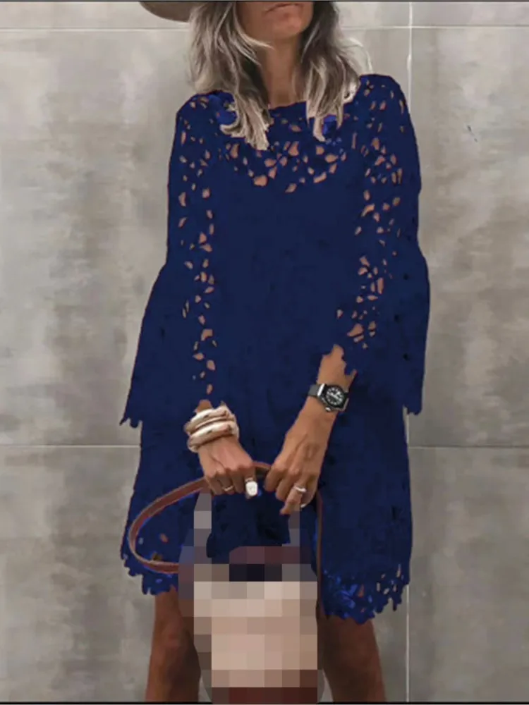 Women\'s Autumn New Solid Color Dress Ethnic Style Sexy Lace Hollow Fashion Printed Casual Long Sleeve Knee Length Dress