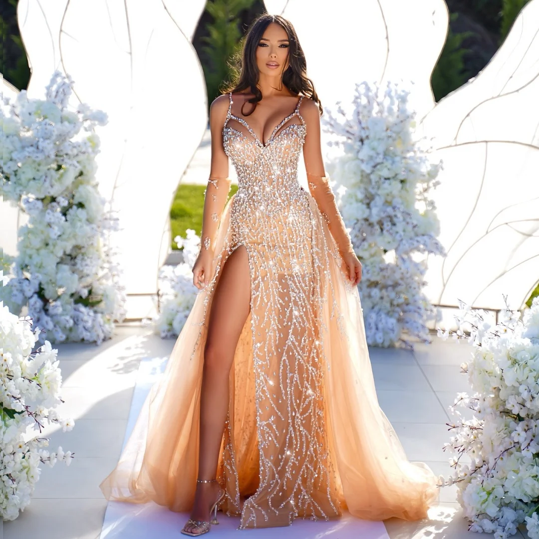 

Exquisite Evening Dresses Woman Stunning Sequins Prom Dress Spaghetti Straps Side Slit Wedding Party Gown Customized Vestidos