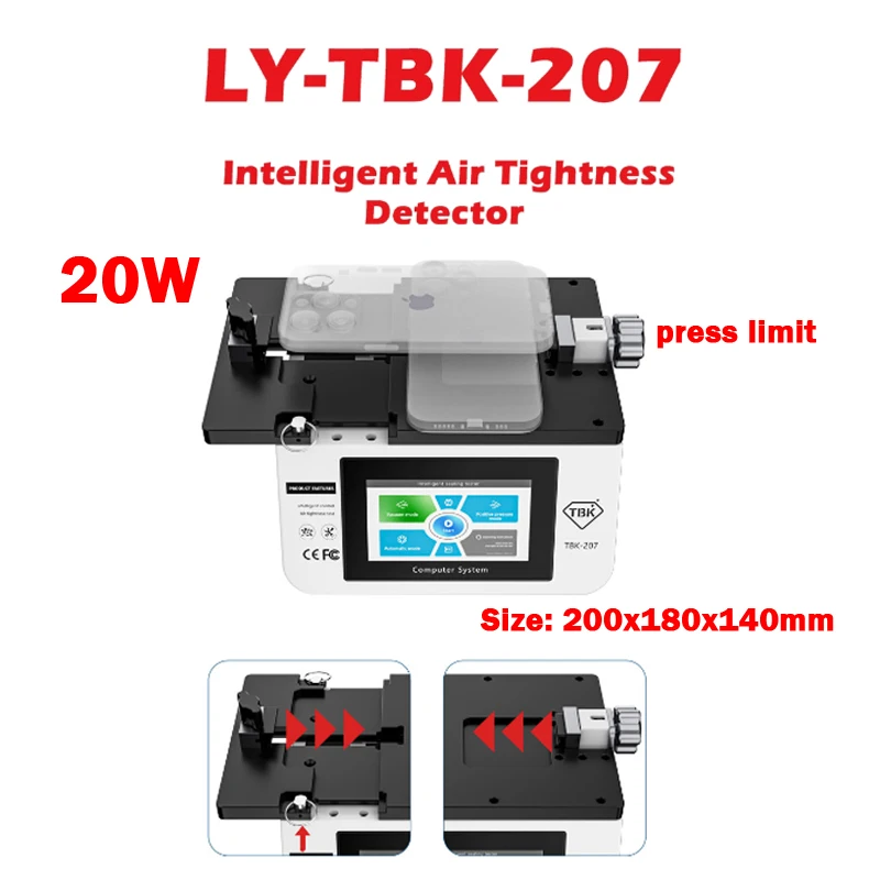 

TBK-207 Automatic Intelligent Air Tightness Detector Control for Cell Phone Sealing Detection Vacuum Mode Pressure Test Tool 20W