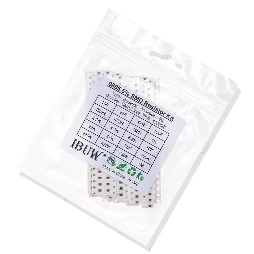 20 Werte jeweils 20 Stück = 400 Stück 0805 SMD-Widerstandssatz 5 % 1/8 W 10 Ohm-1 M 10 Ohm 22 Ohm 1 K 2,2 K 4,7 K 6,8 K 10 K Komponenten-DIY-Muster-Kit
