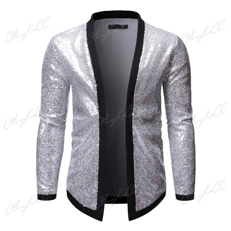 Chaqueta de lentejuelas doradas brillantes para hombre, cárdigan ajustado para hombre, Blazers para fiesta en club nocturno, DJ, escenario, cantante, espectáculo de baile, disfraz para hombre, nuevo