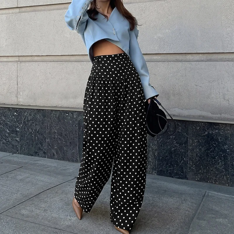Pant Women Vintage Wide Leg Long Pants Print Dot High Waist Straight Trousers Y2k Streetwear Elegant Splice Work Casual Loose