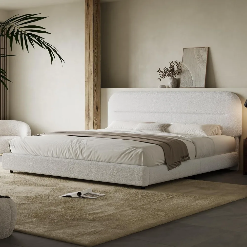 King Size Bed Frame, Upholstered Bed Frame and Headboard, Soft Bed Frame King with Thickened Footboard, Rounded Corners