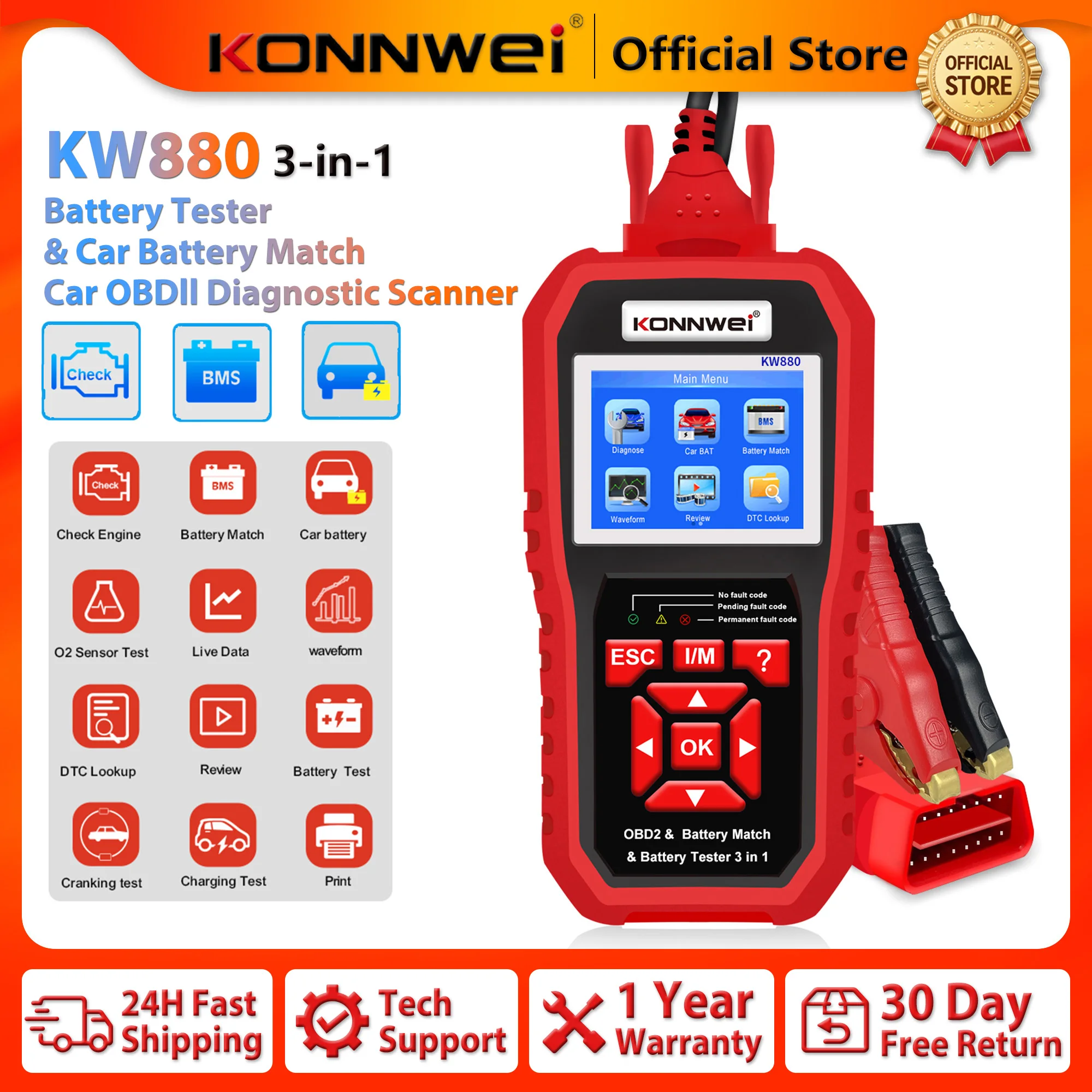 2026 KONNWEI KW880 3-in-1 Car OBD2 Diagnostic Scanner 6V/12V Battery Tester Battery Matching DPF DTC Lookup Live Data Function