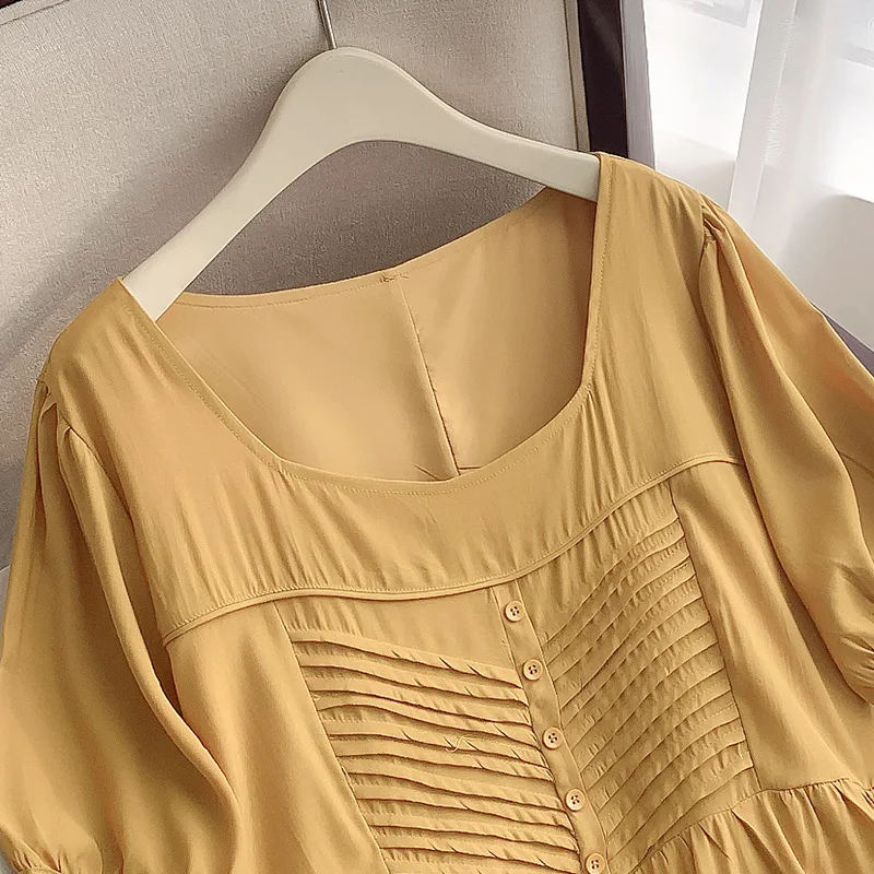 150Kg Plus Size Women\'s Bust 150 Summer Loose Square Neck Dress Yellow 5XL 6XL 7XL 8XL 9XL