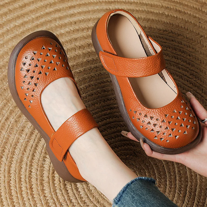 

New ancient mary jane shoes women's genuine leather low heels ladies wide toe cutout orthopedic shoes woman strappy sandal flats