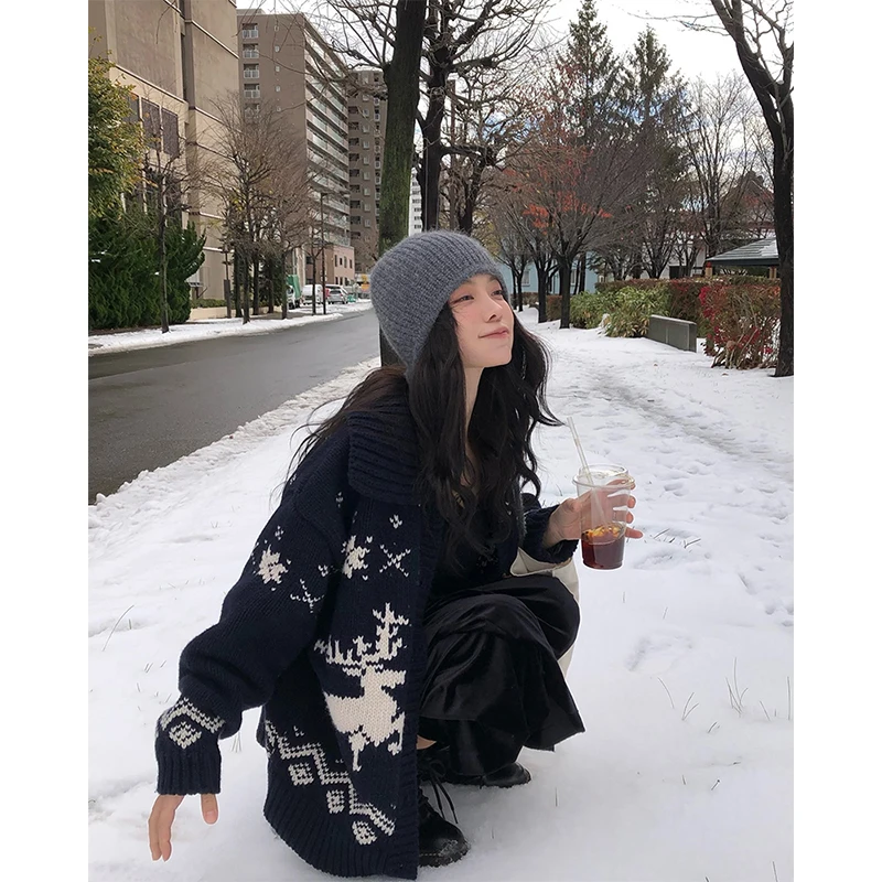 

Vintage Print Knitted Cardigan Women Harajuku Christmas Oversized Sweater Outerwears Winter Korean Knitwears Casual Jumpers New