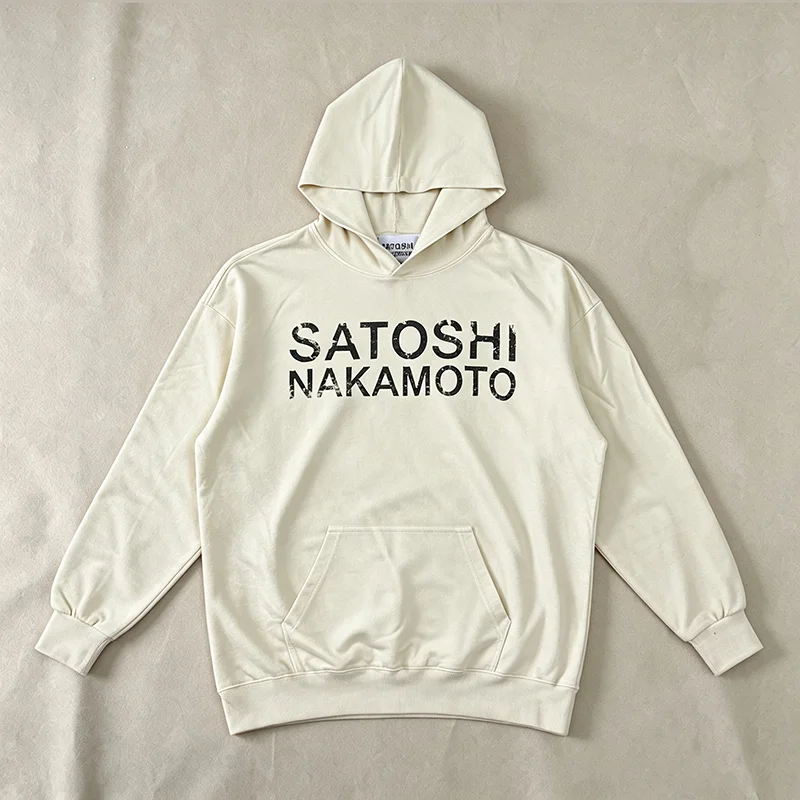 High Street Vintage Hip-hop Satoshi Nakamoto Hooded Sweatshirt Classic Letter-printed Casual Washed Faded White Hoodie Men Women
