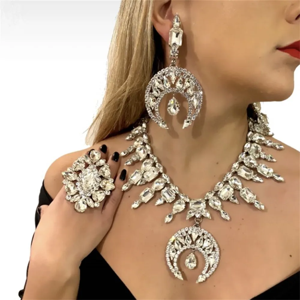 

3 PCS /Set Crystal Big Moon Pendant Choker Necklaces Earrings Ring Women Jewelry Sets Crystal Tassel Large Collar Bib Necklace