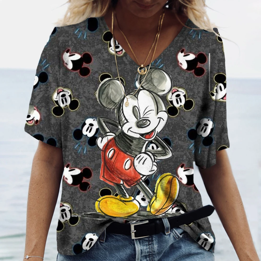 Woman Short Sleeve V Neck T Shirt Loose Summer Women\'s Clothing T-Shirts Disney Mickey Mouse Print T Shirt Oversize Pullover Top