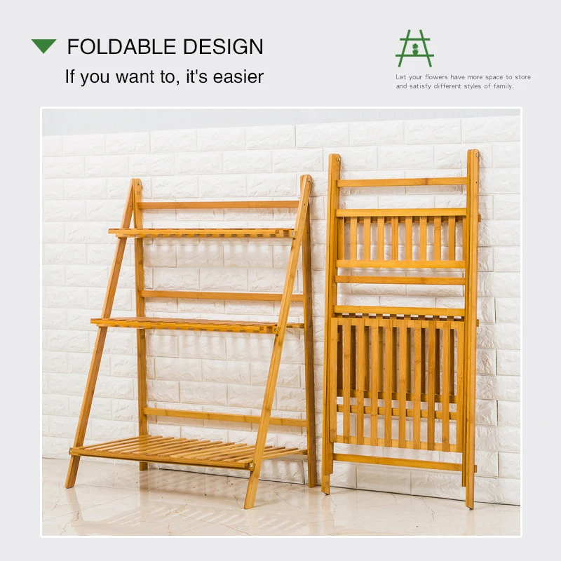 Bamboo 2/3 Tiers Plant Stand Rack Multiple Flower Pot Holder Indoor Outdoor Planter Display Succulent Flower Shelving Folding