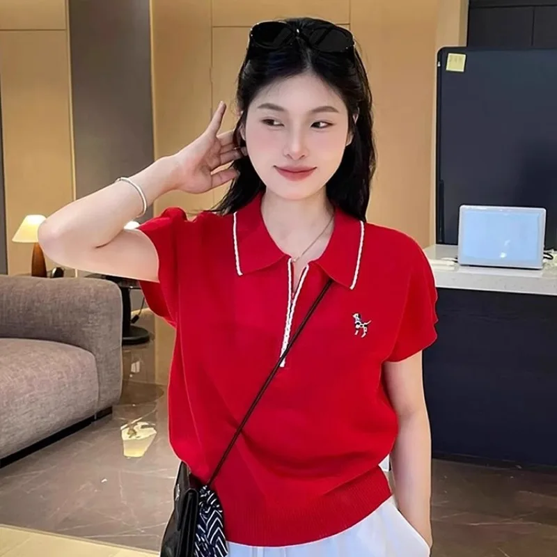 

Office Lady Embroidery Chic Vintage Short Sleeve T-shirt Summer Fashion Casual Zipper V-neck Tops Pullovers