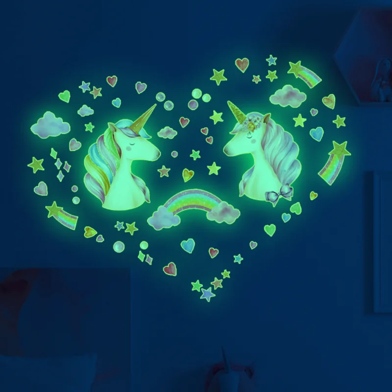 Noctilucent Unicorn Rainbow Star Wall Sticker Children's Bedroom Background Decoration Kindergarten Classroom Sticker Removable