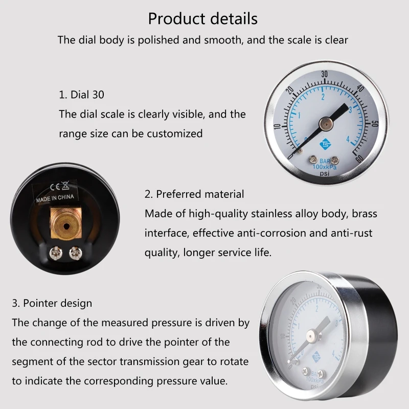 Dual Scale Pressure Gauge Mini Pressure Gauge with Brass Internals- 1/8