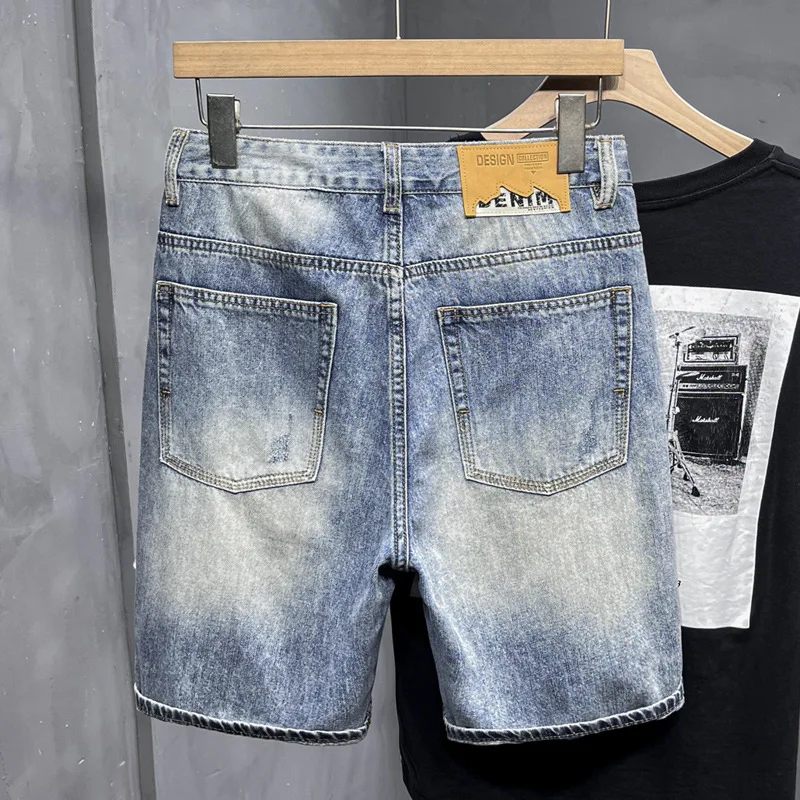 2024 Summer Ripped Denim Shorts Men's Thin Stretch Breathable Fashion Brand Pants High-End Casual All-Match Cropped Pants