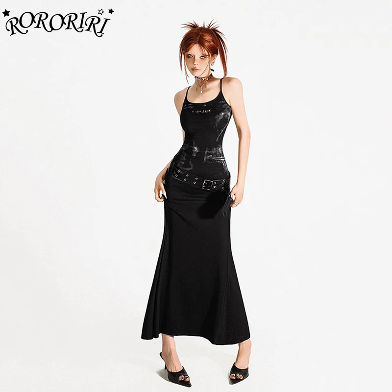 RORORIRI Women Leather Belt Camisole Long Dress Set Scoop Neck Sleeveless Aesthetic Print Black Bodycon Retro Y2k Grunge Clothes