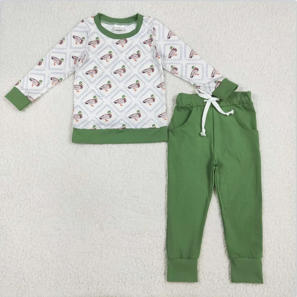 

Wholesale Baby Boy Long Sleeves Green Ducks Top Pockets Legging Pant Children Pocket Cotton Toddler Kids Outfit Clothing Sets
