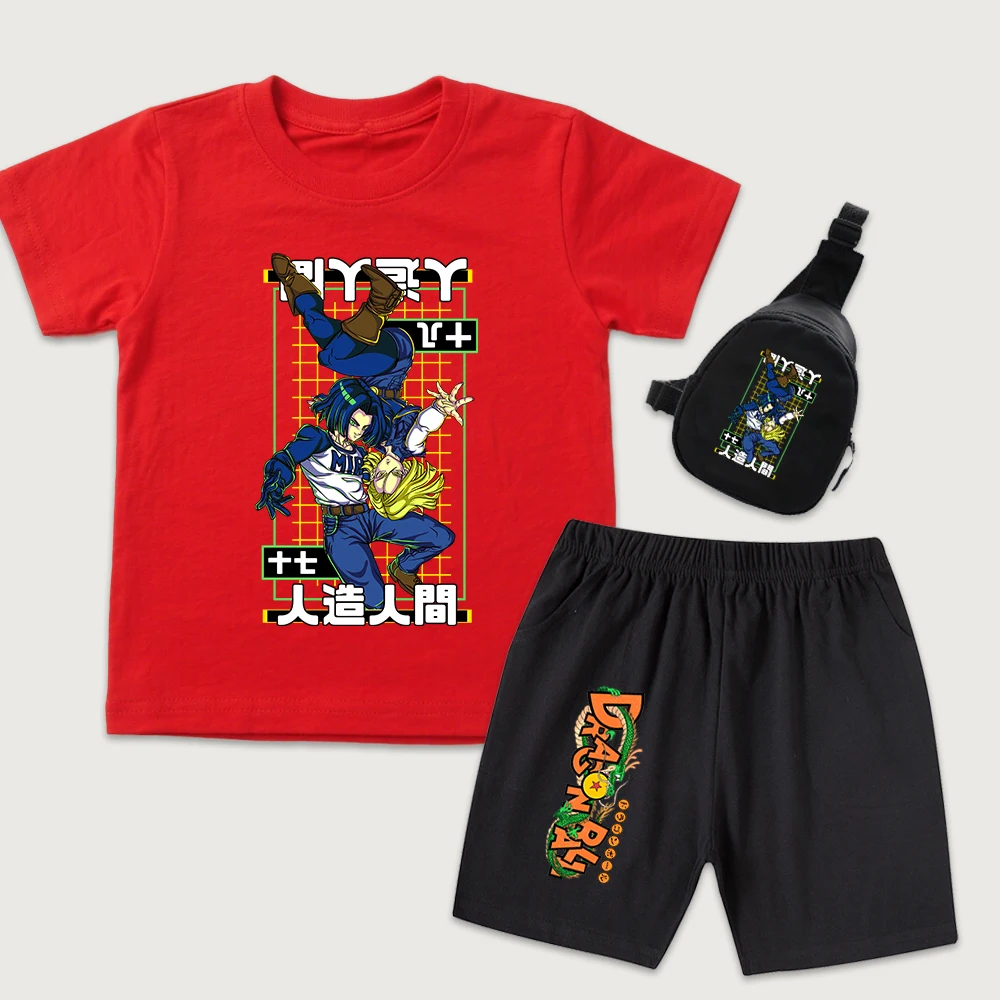 Kids DBZ Android 17 x Android 18 Print Cotton T Shirt Shorts Mini Chest Bag 3Pcs Set for Boys Girls Casual Summer Outfit