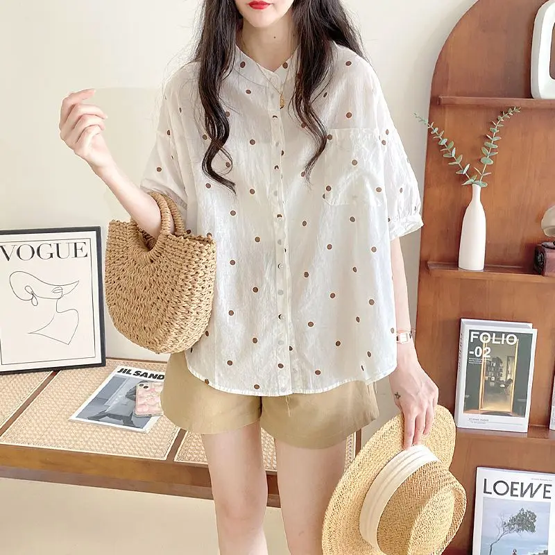 

2024 Women's Summer New Blouses Korean Fashion Commute Stand Collar Polka Dot Printed Patchwork Pockets Loose Short Sleeve Shirt