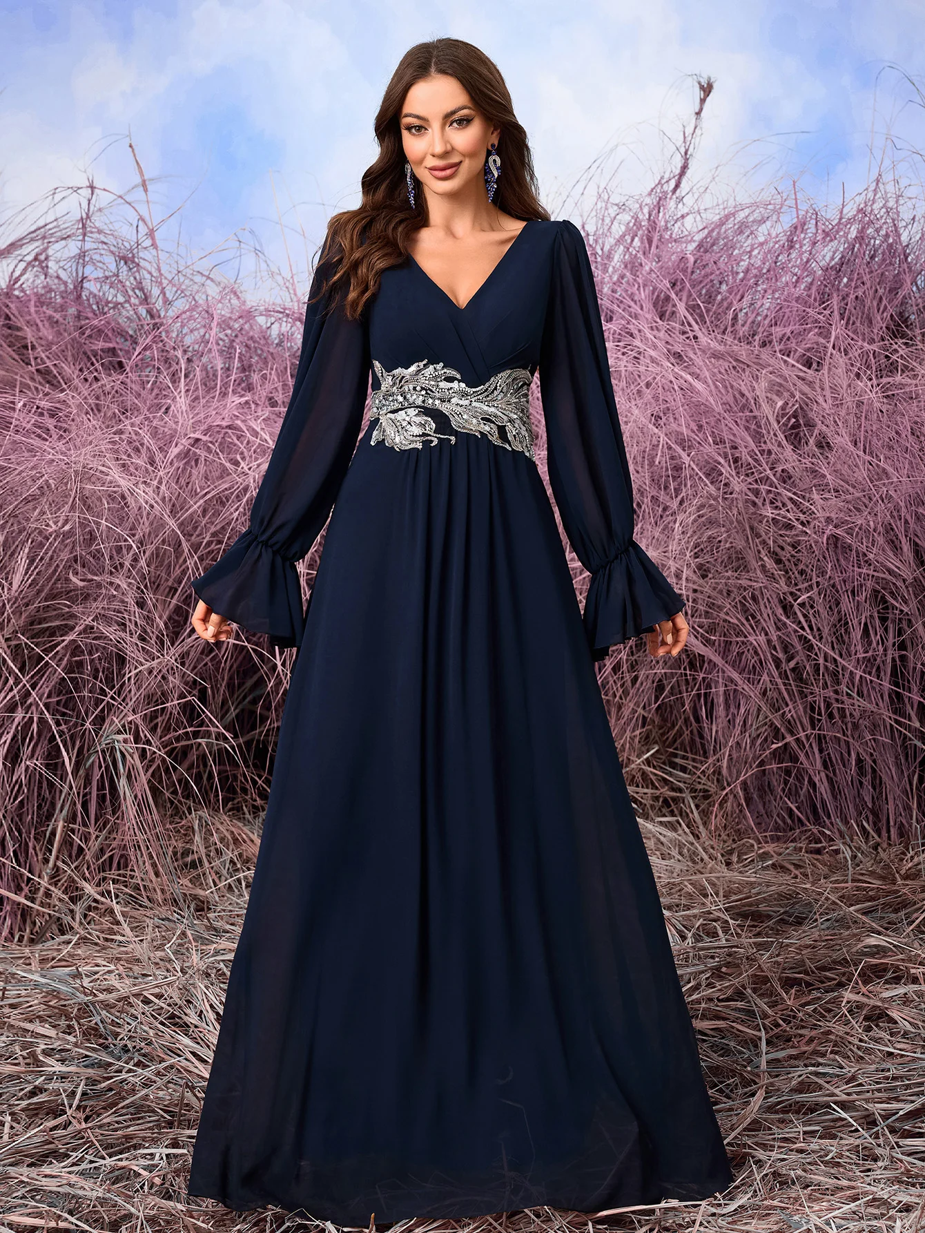 

UNITHORSE Ruffle & Sequins Embroidery Decor Chiffon Lantern Sleeve Elegant A-Line Bridesmaid Dress