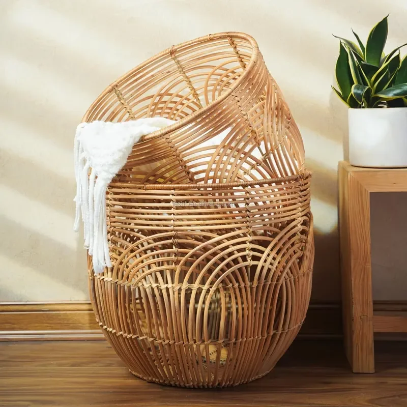 2 large bohemian woven blanket baskets Wicker vine storage Floor baskets for bathroom clothes and laundry storage