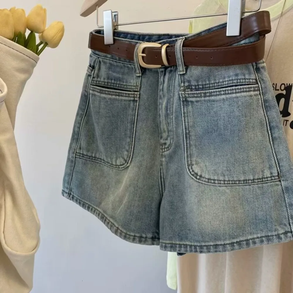 

Two Pocket Denim Shorts Women Wide Leg High Waist Baggy Blue Jeans Y2K Ins Basic Denim Pants Trousers Spring Summer