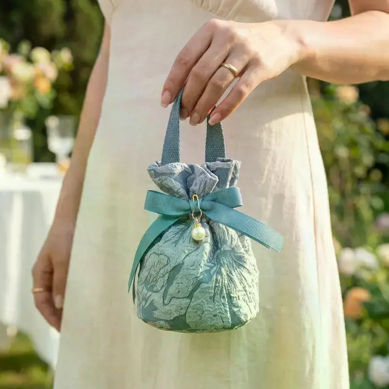 Small Canvas Drawstring Bag Floral  Pouch With Stylish  Chain Handle For Party Event