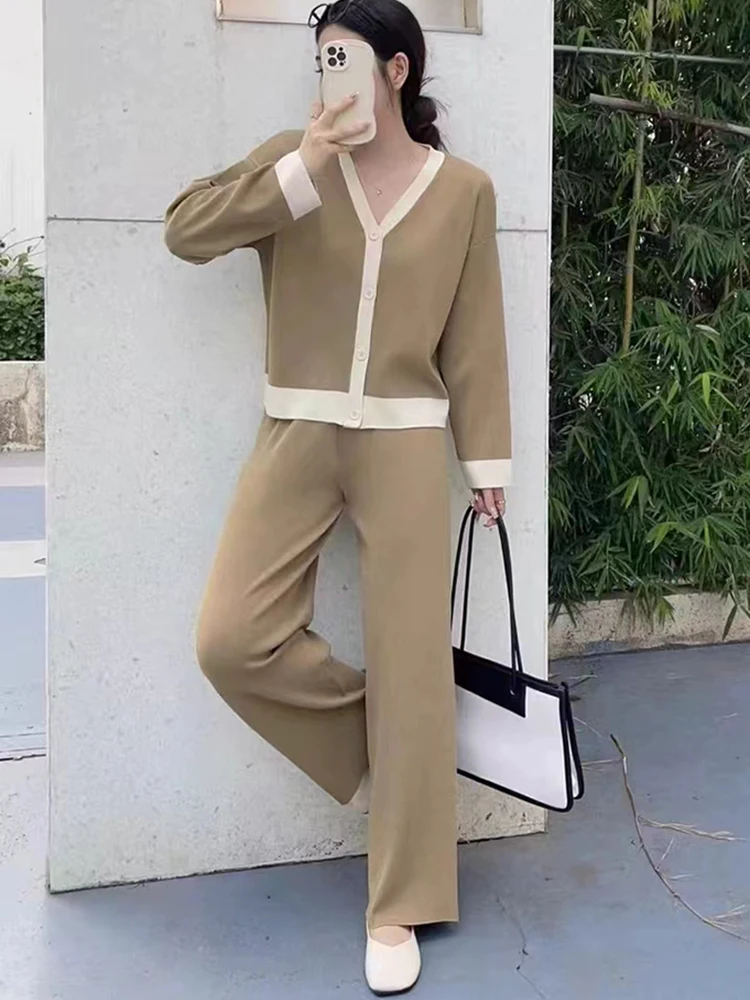 HELIAR Office 2 Piece Sets Women Outfit Fall Suit Patchwork V-neck Long Sleeved Knitted Cardigan Top+Casual Wide Leg Pants Sets