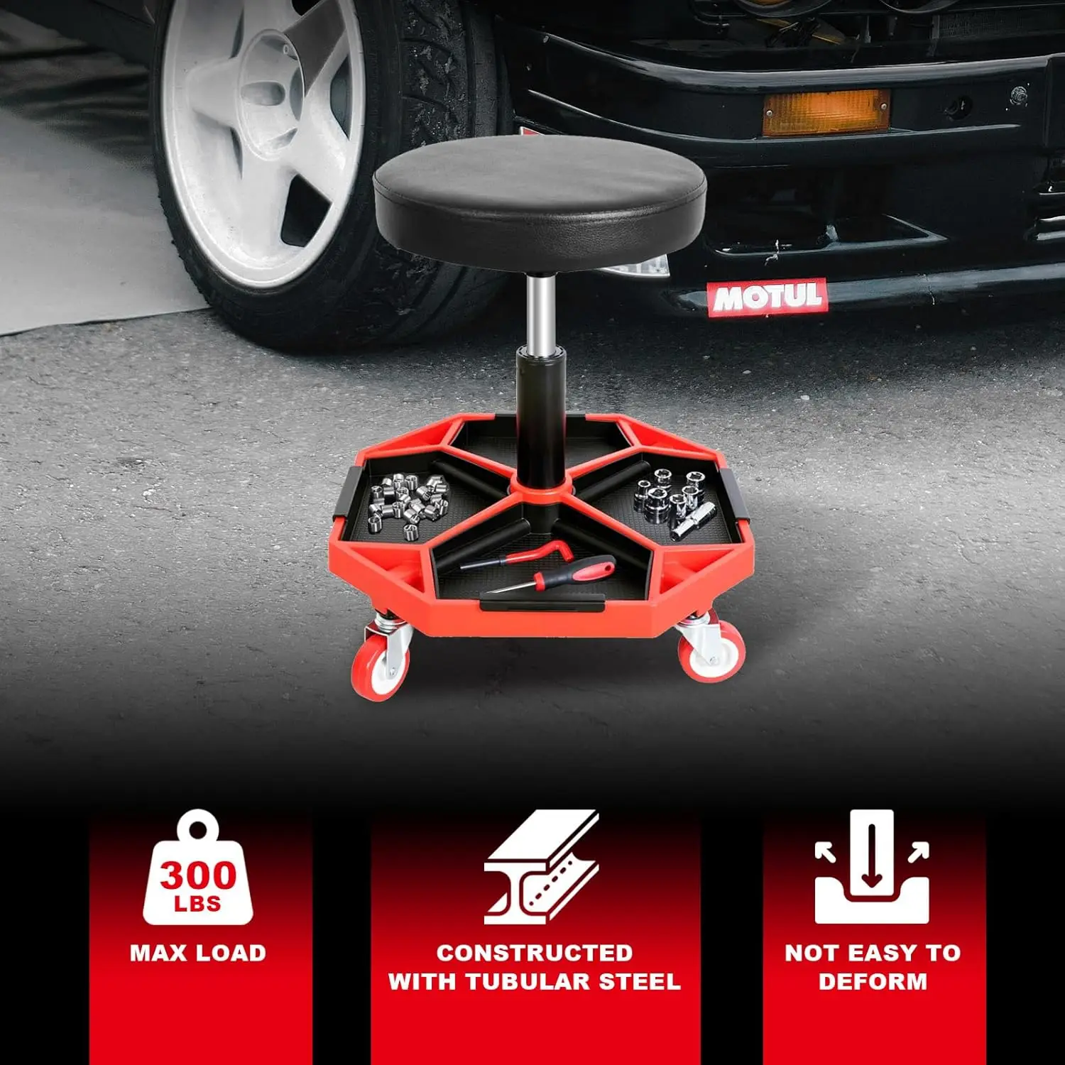 Adjustable Height Pneumatic Rolling Shop Creeper Seat with 4 Removable Tool Trays, 300 lb Capacity